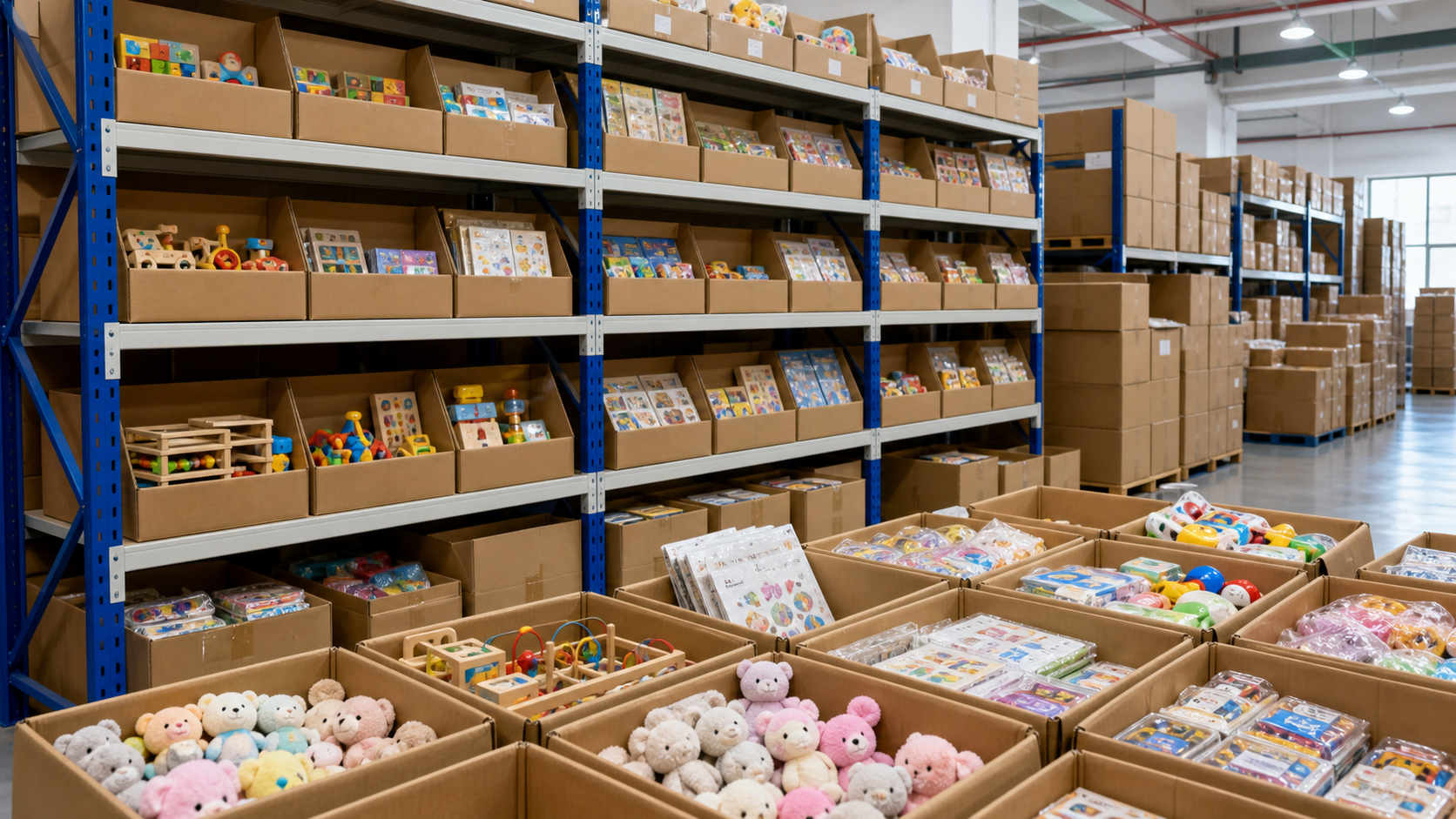 Ready-stock toy cartons and warehouse shelves