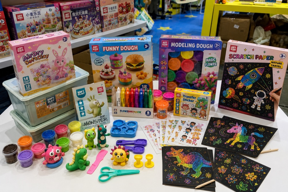 DIY craft kits with modeling clay, scratch art and creative activity products