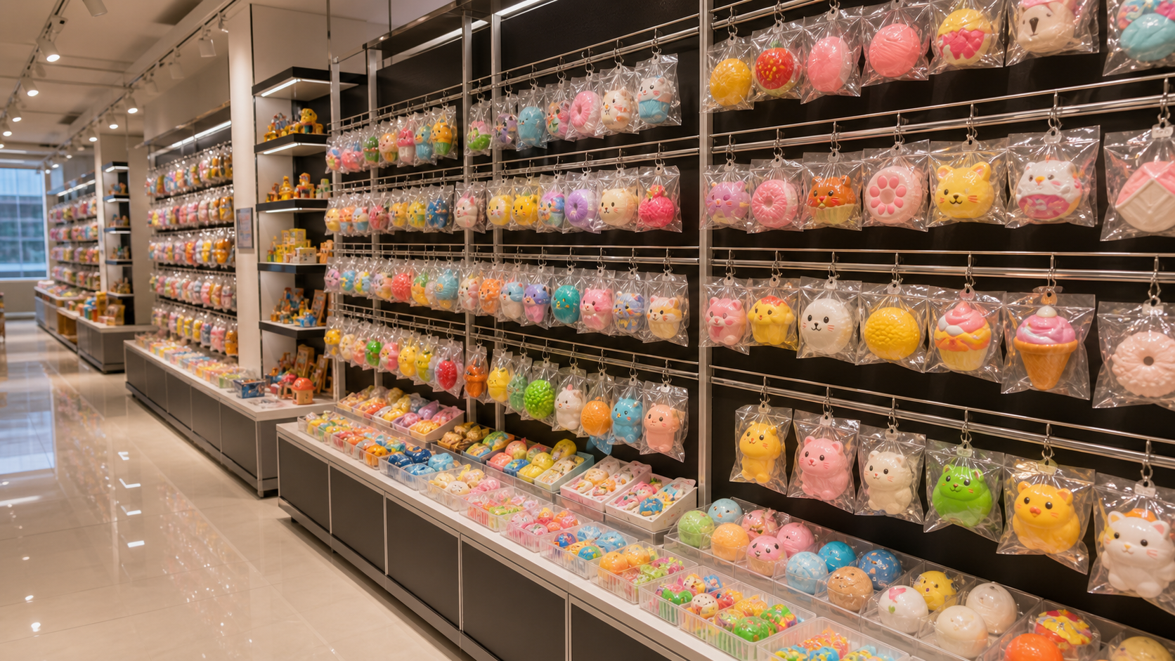 Squeeze toys and small novelty toys displayed on showroom shelves